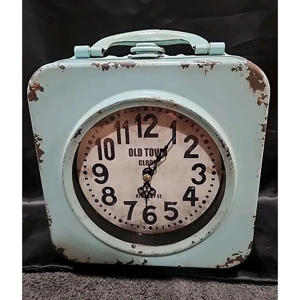 Old Town Clock 67 Baily St Shabby Blue Metal 2 Sided Distressed Battery Operated
